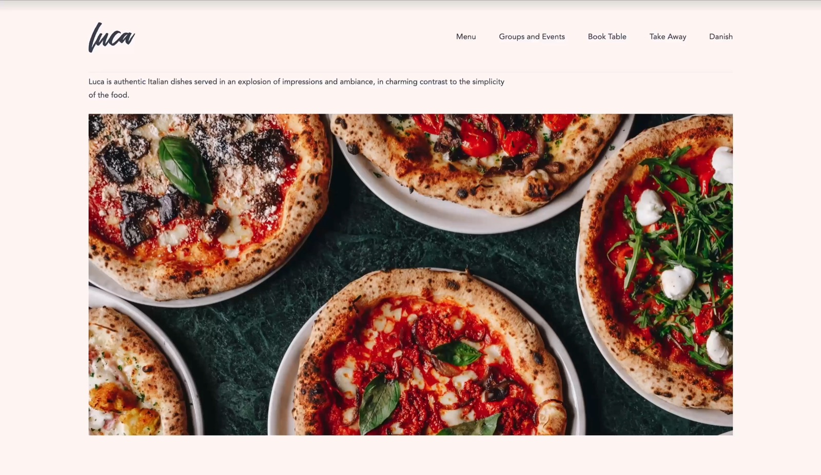 Home page of the Luca pizzeria website