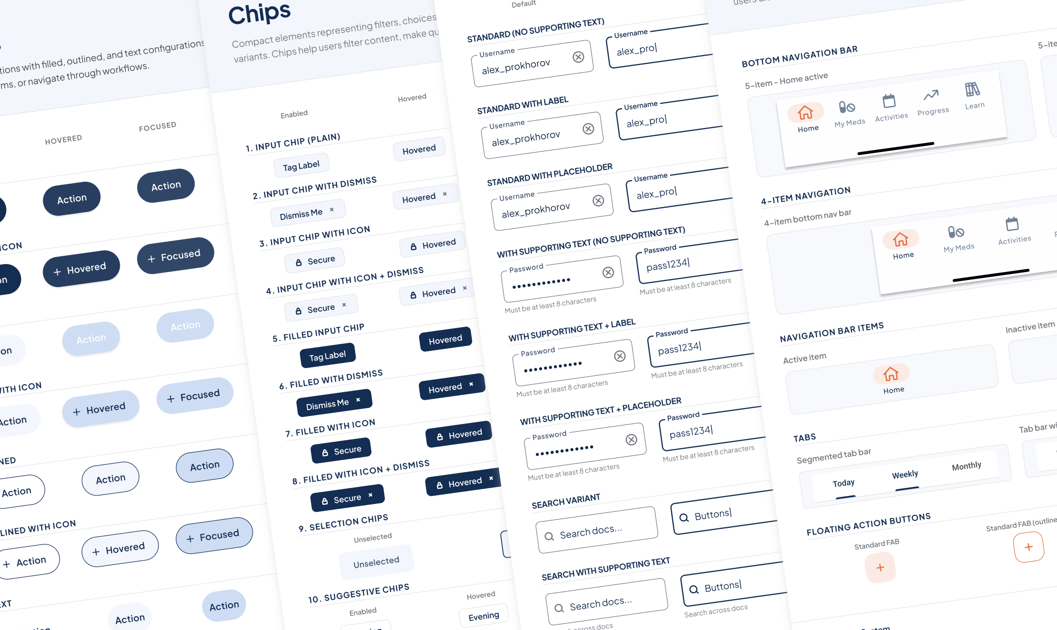 Plansza design systemu: chipsy, pola formularzy i nawigacja