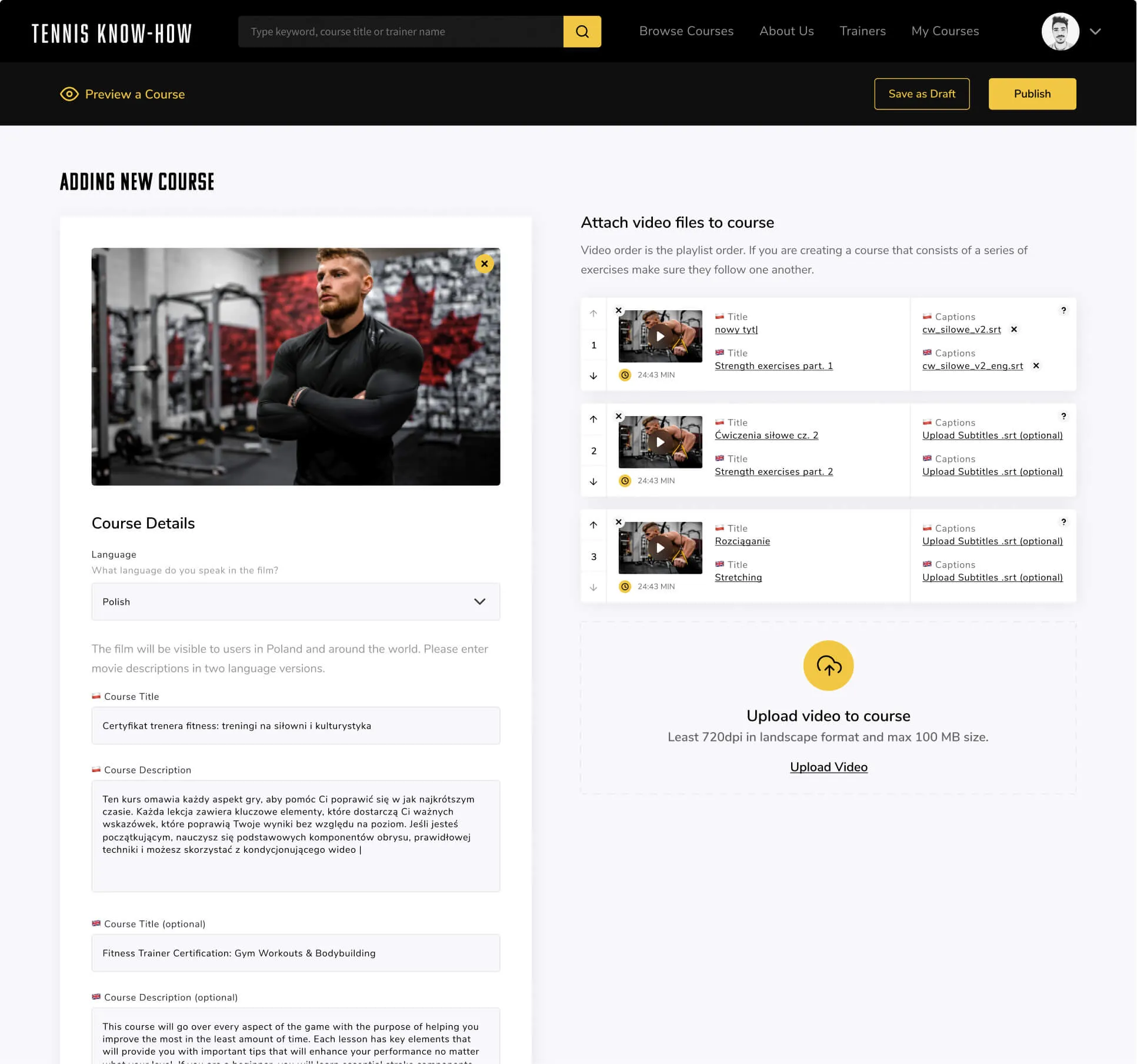Form for adding a new course in the web version