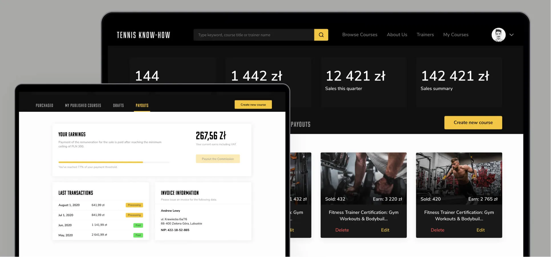 Course creator panel with revenue and payouts