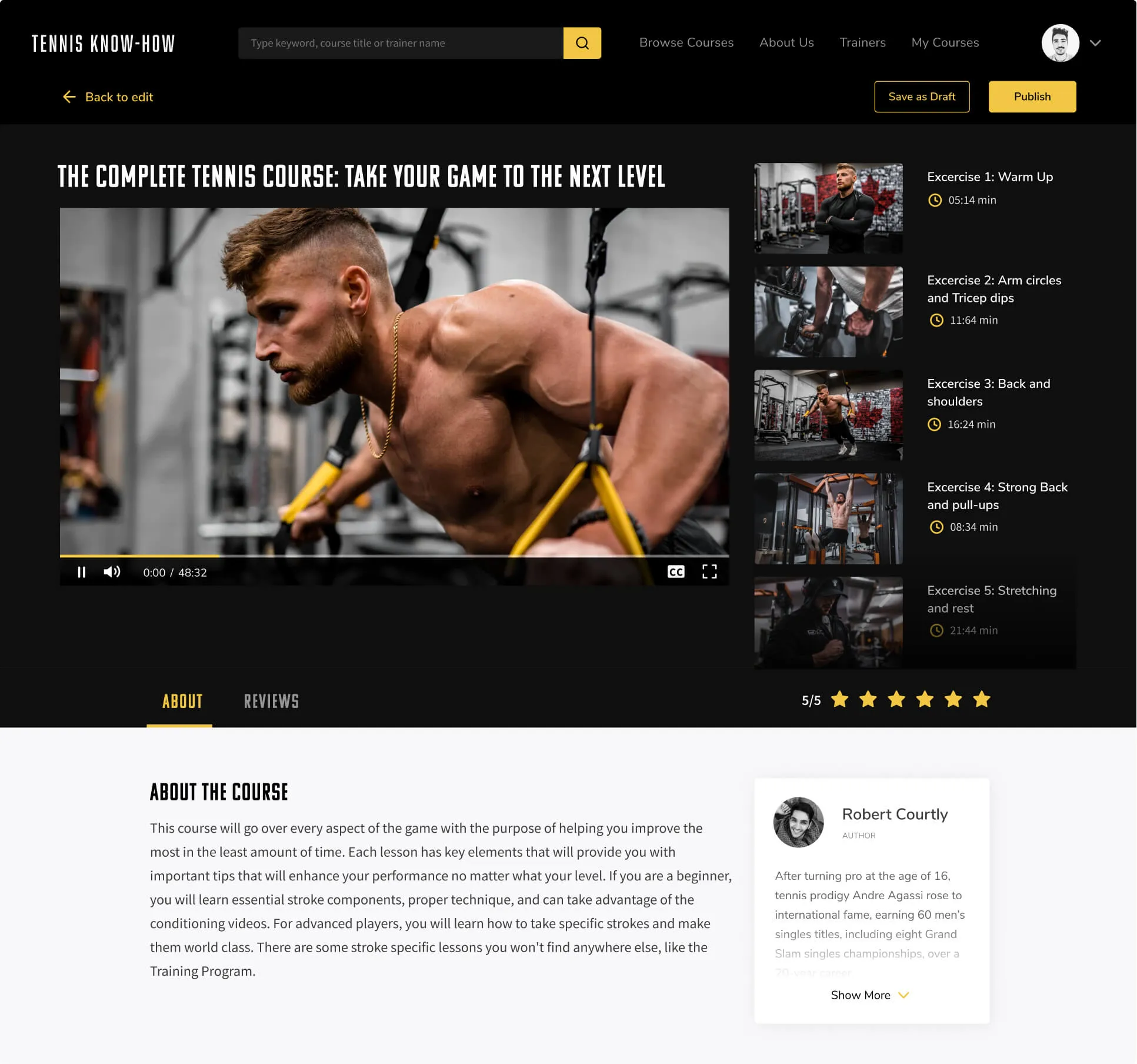 Course page with a video player and lesson list