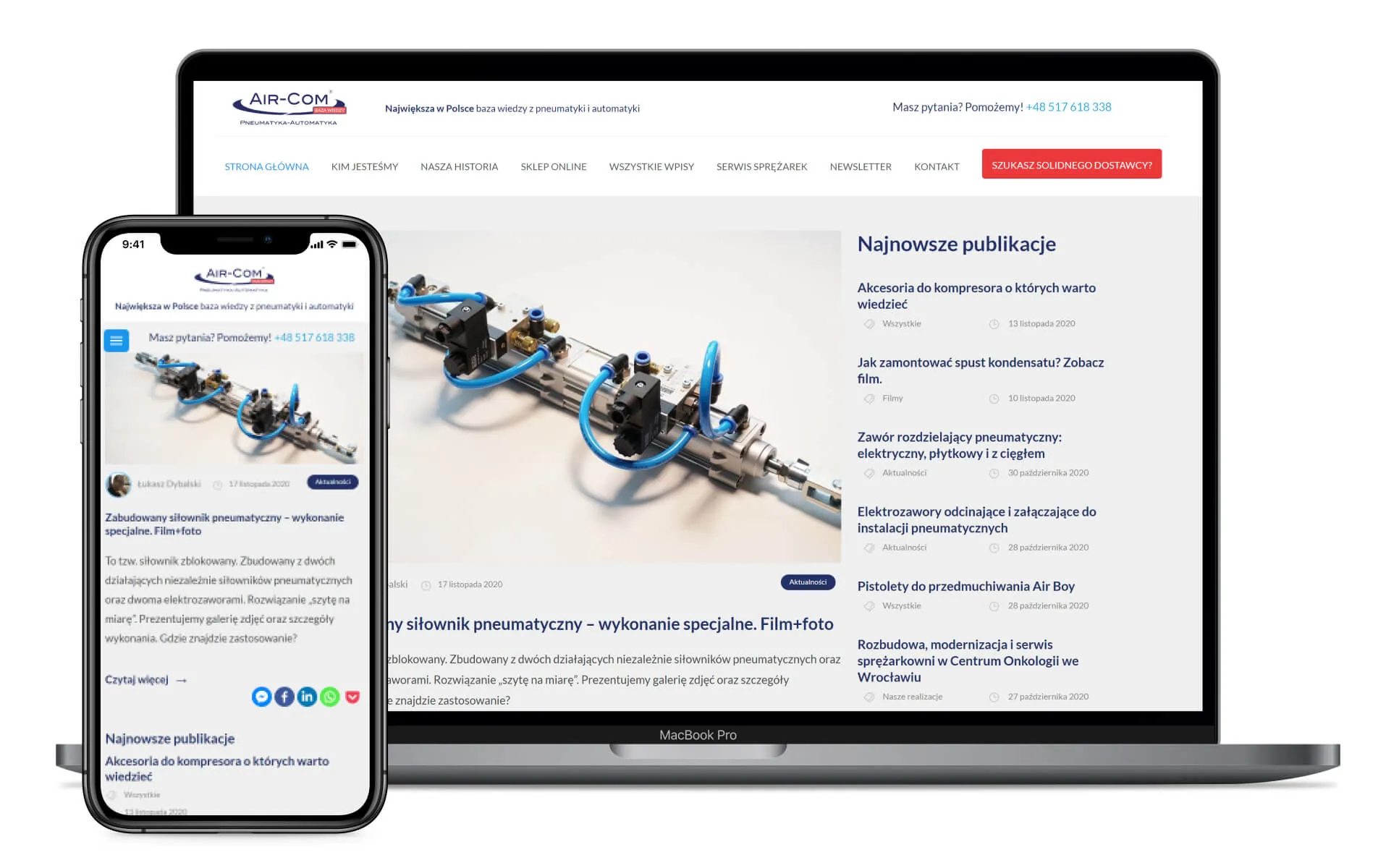 Baza wiedzy Air-com z artykułami na laptopie i telefonie
