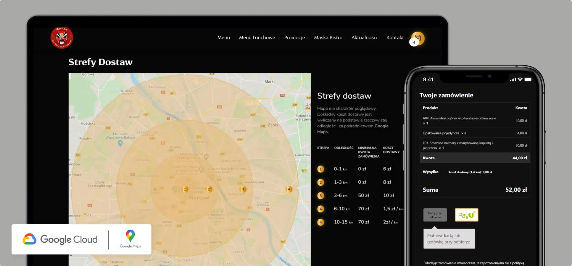 Mapa stref dostaw w systemie zamówień online dla restauracji