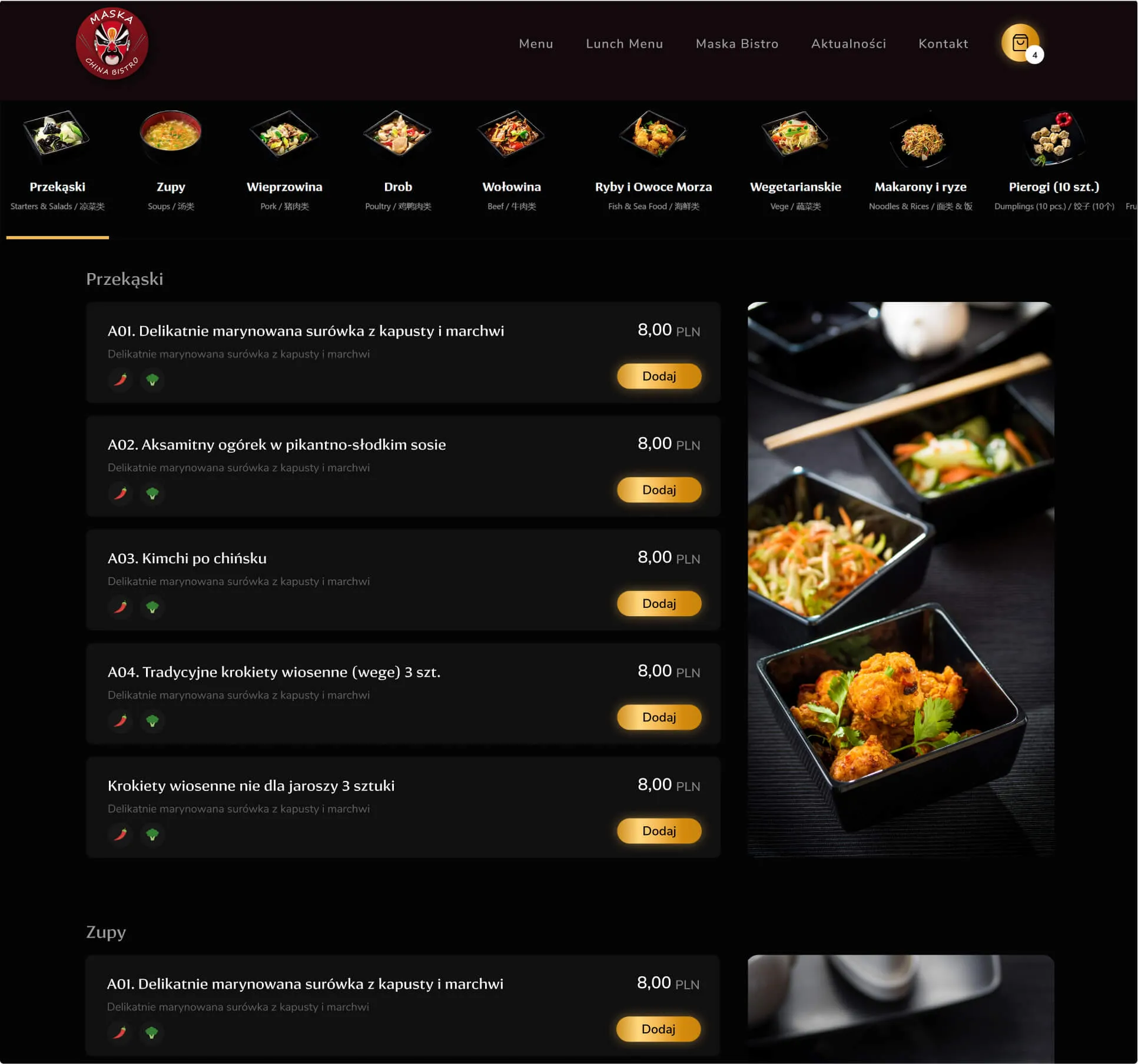 Menu restauracji z cenami i przyciskami zamówienia