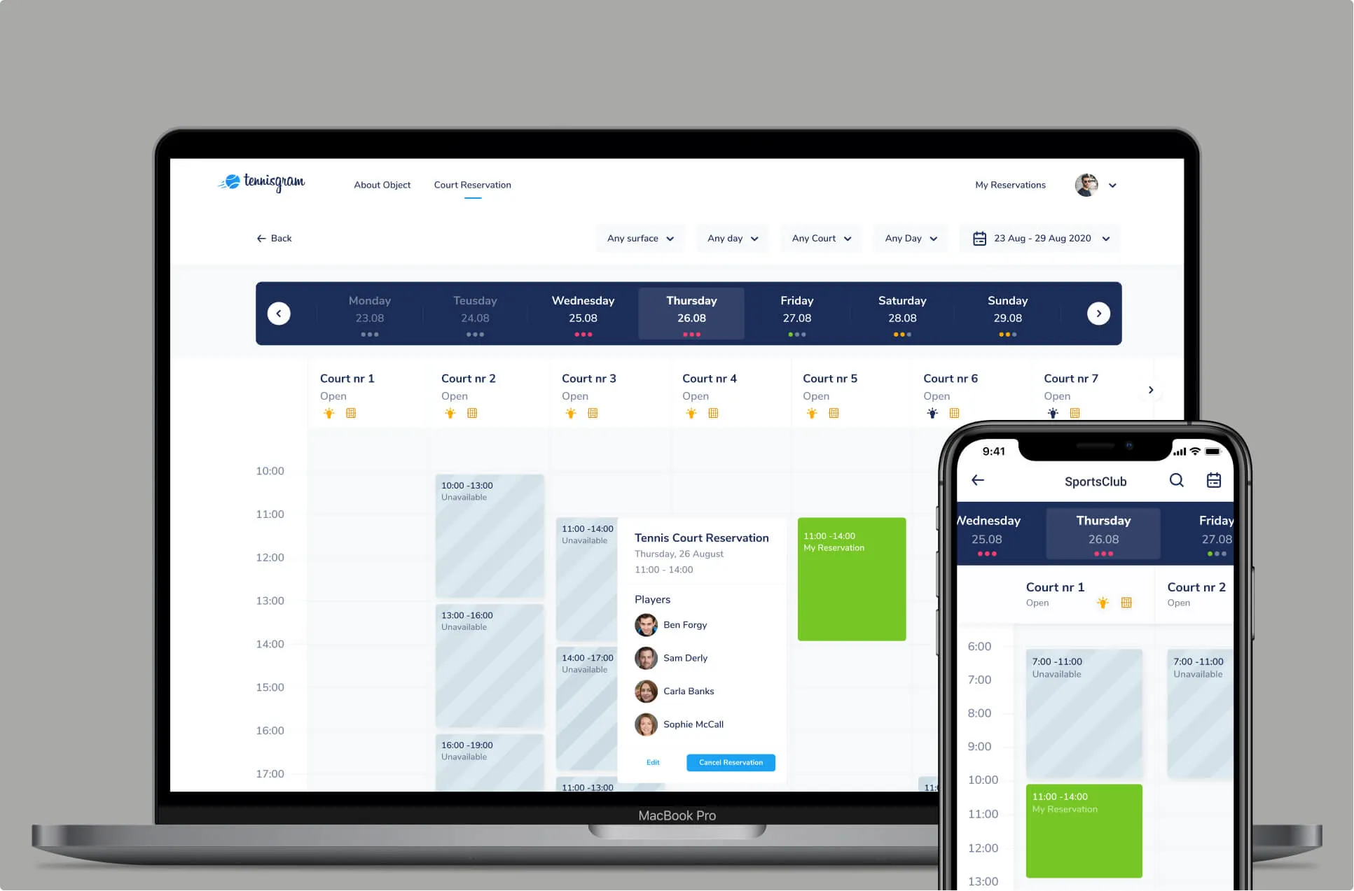 Court booking panel for sports venues on a laptop and phone