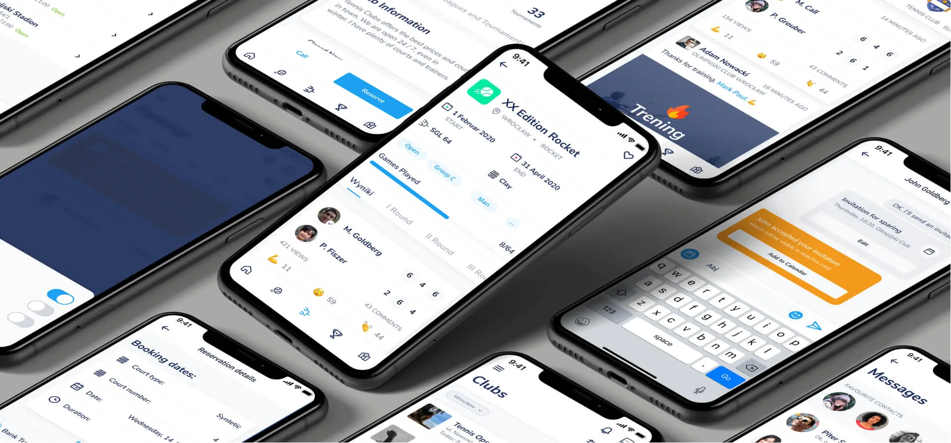 Tennisgram app screens in an isometric layout