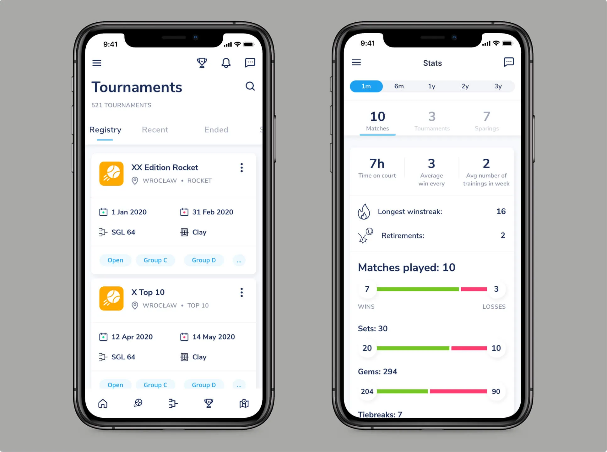 Tournament and player statistics screens in the Tennisgram app