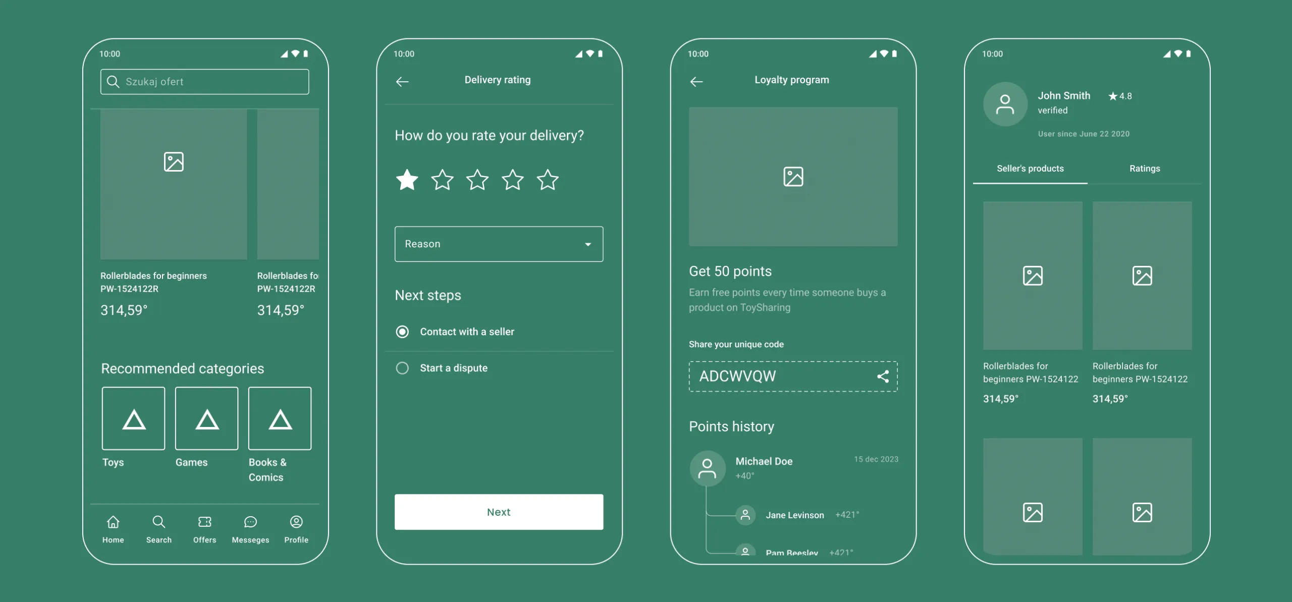 Wireframes of the marketplace mobile app