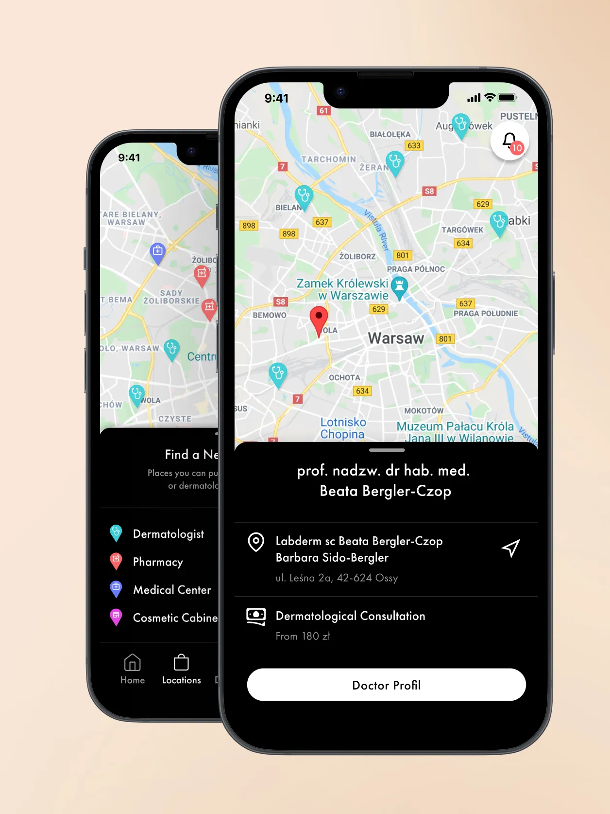 Map of clinics and a dermatologist profile in the app