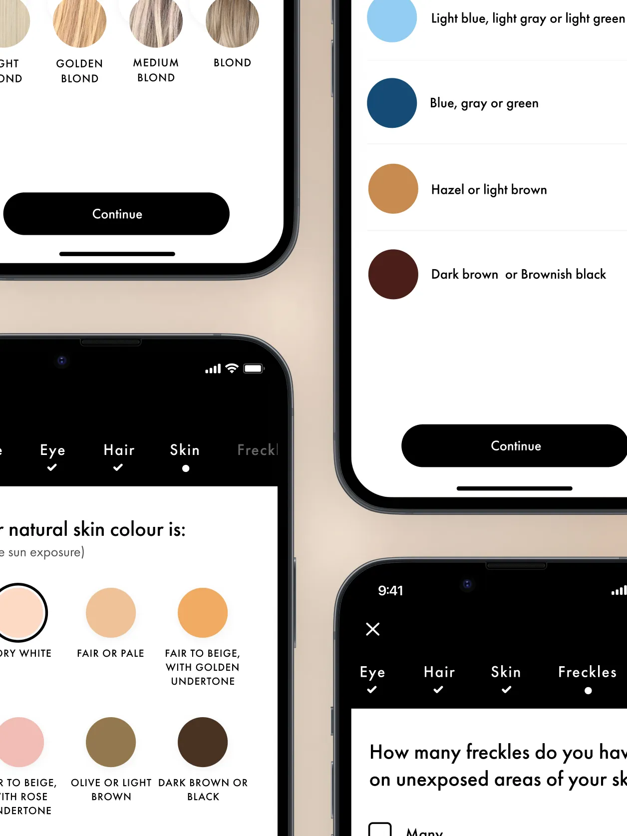 Medical interview screens: skin, eye and hair colour