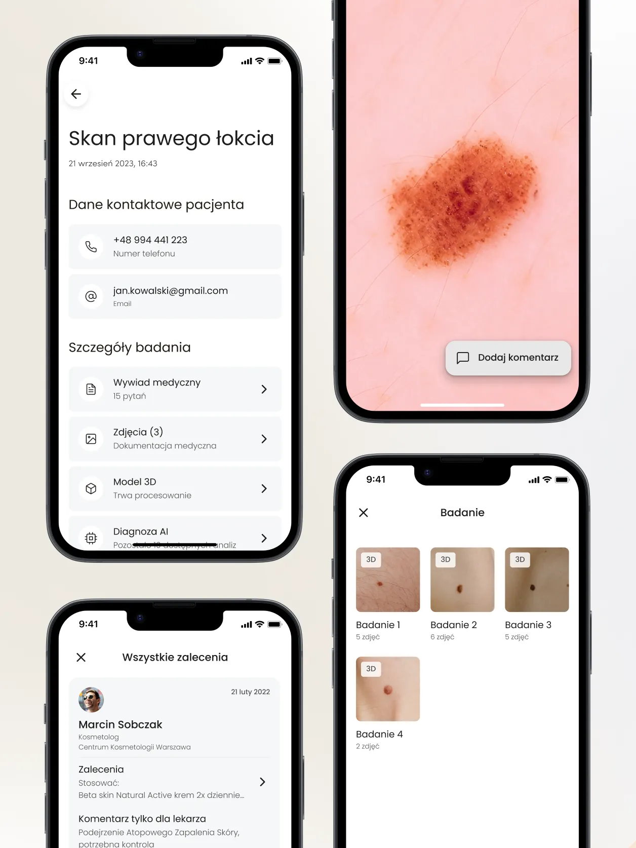Examination screens with a photo of a skin lesion