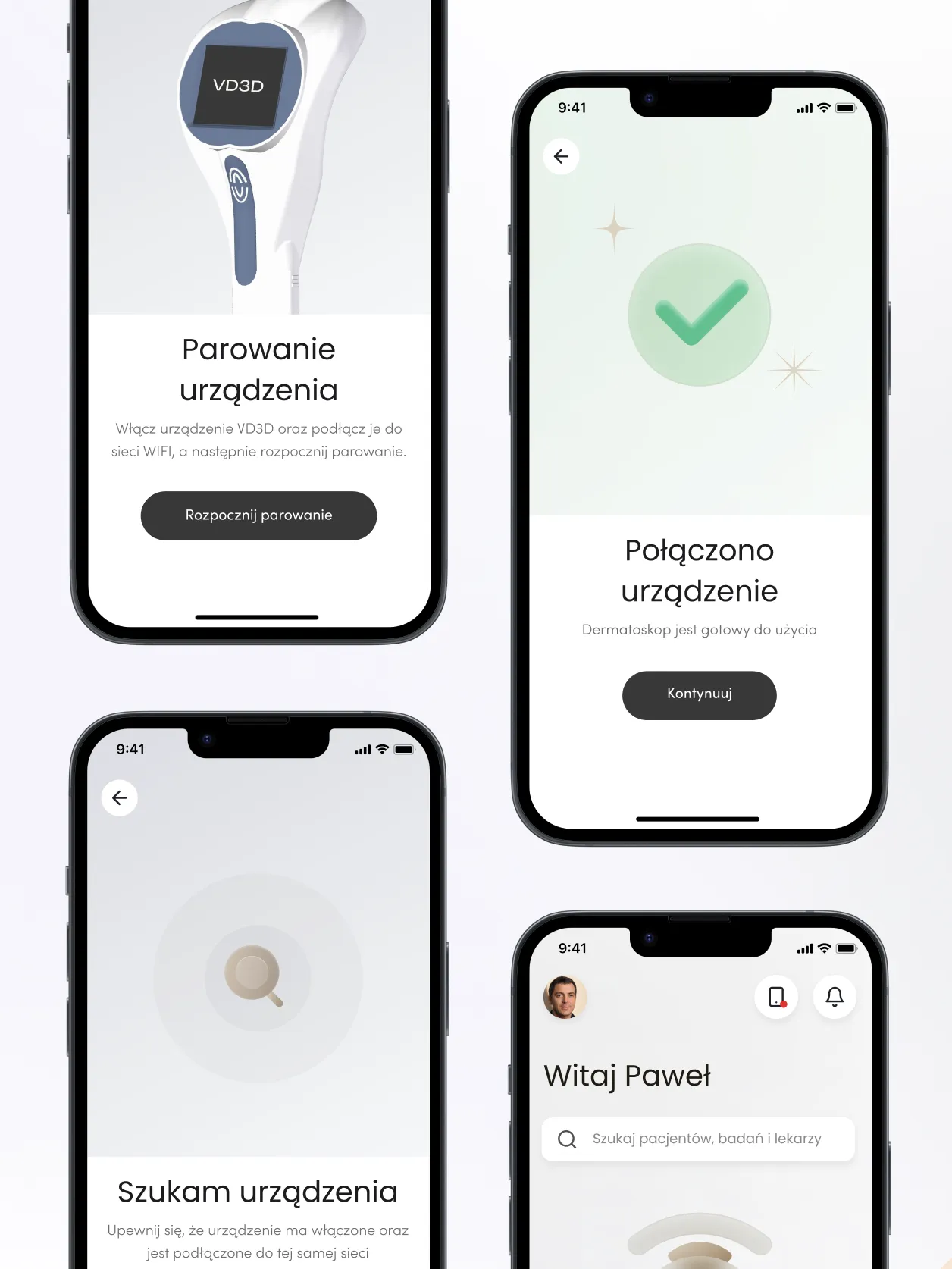 Screens for pairing the app with the dermatoscope