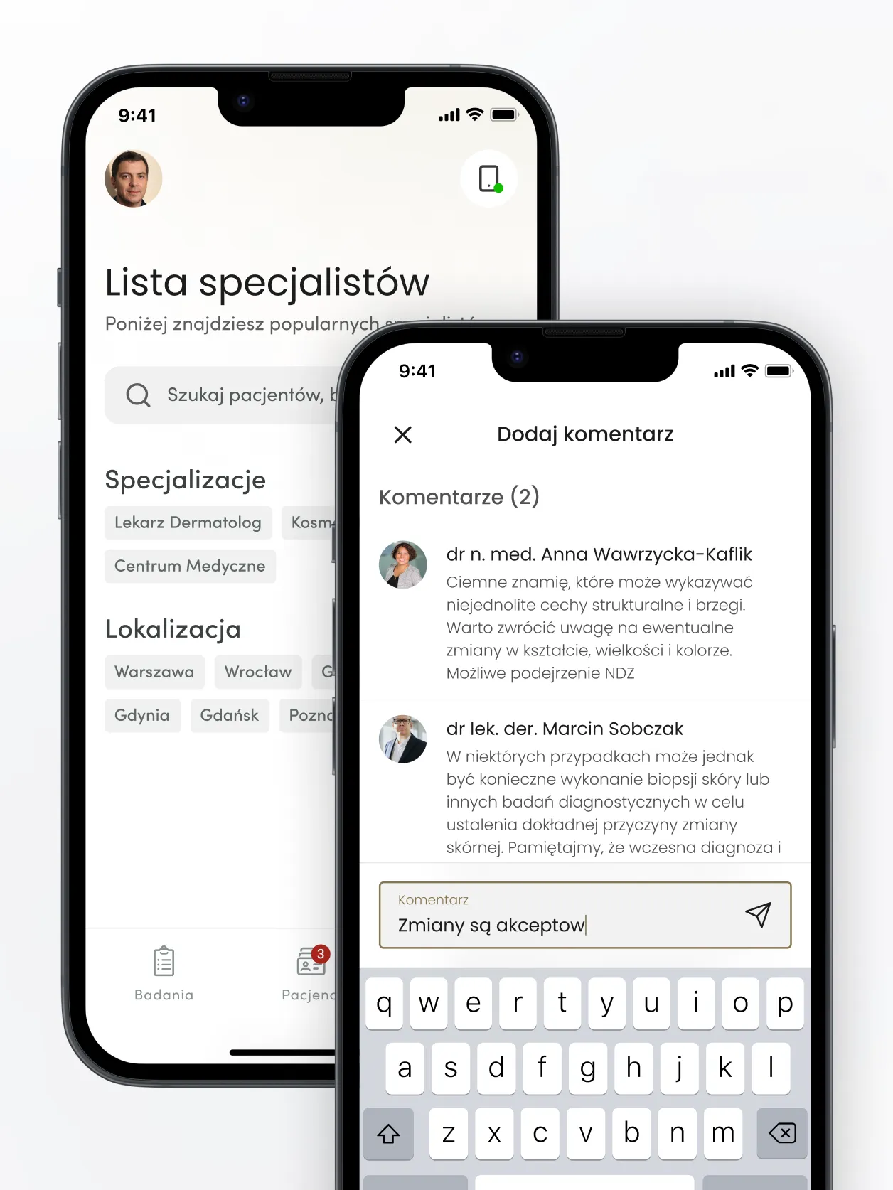 List of specialists and comments on an examination in the app