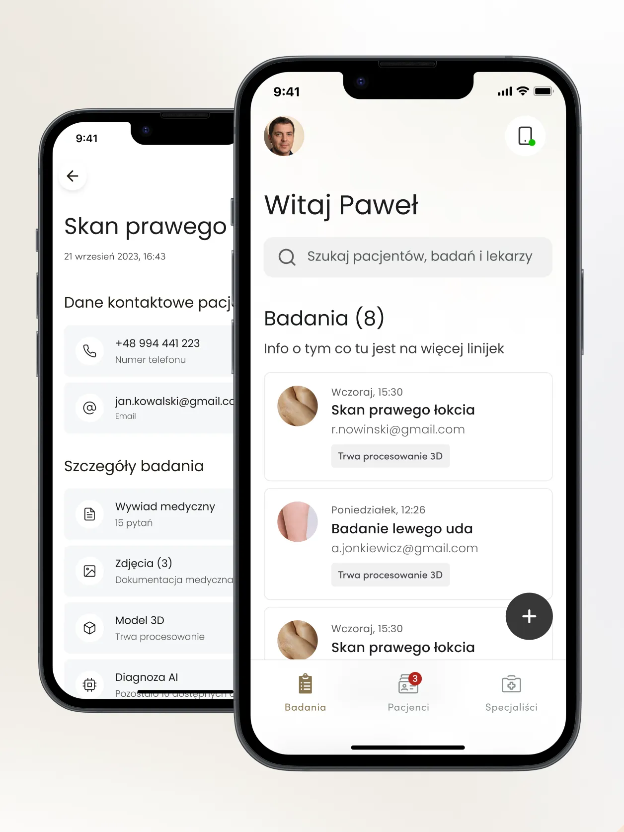 Patient record with a list of examinations in the mobile app