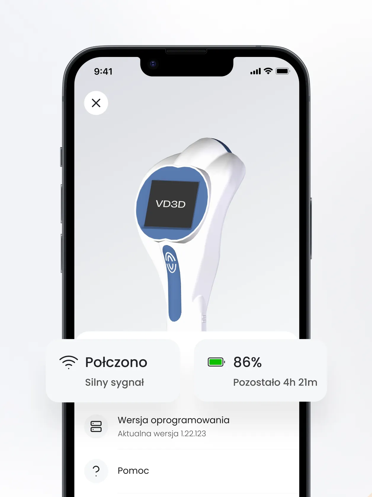 Dermatoscope connection and battery status in the app