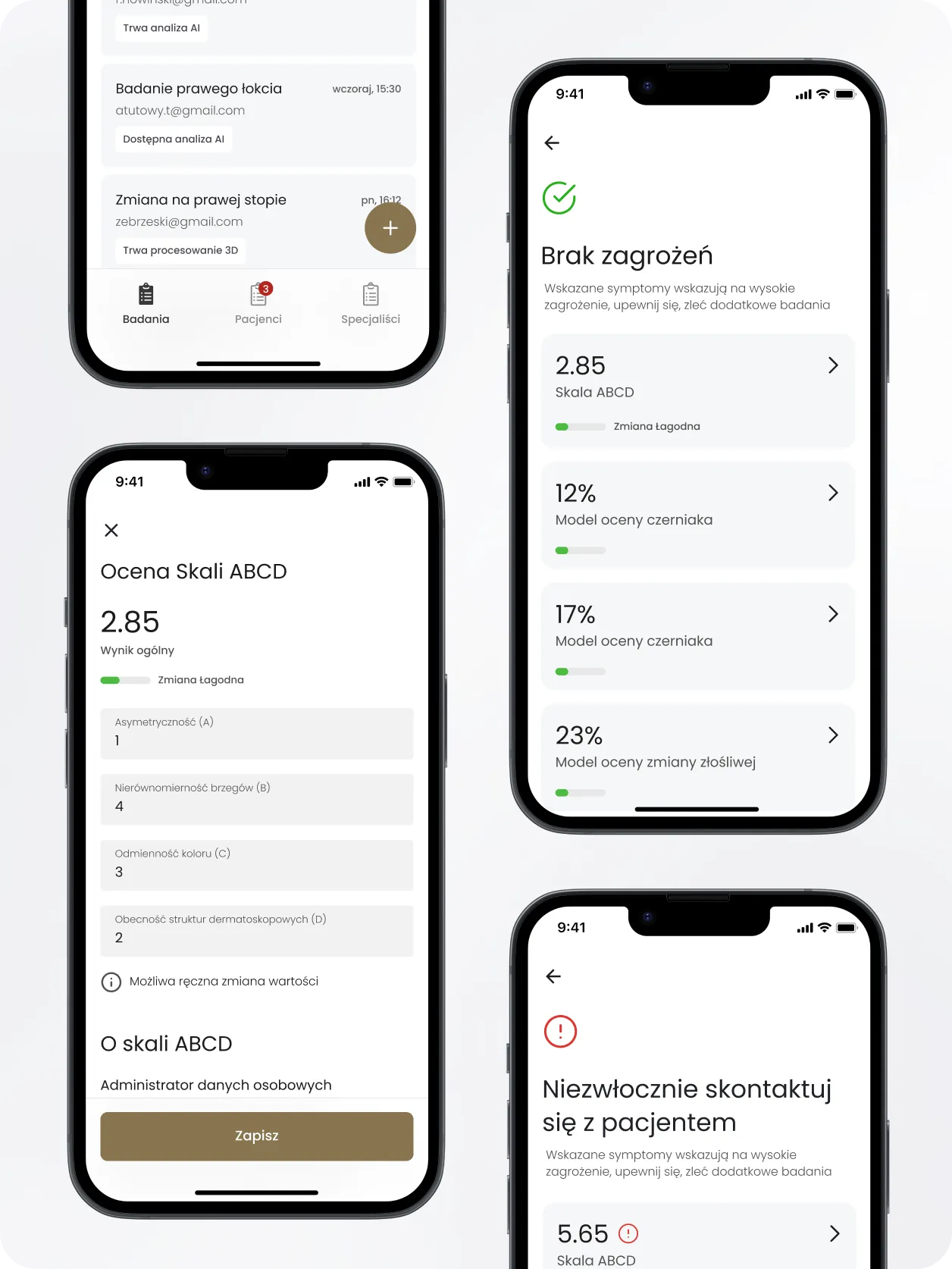 ABCD mole assessment screens in the DermAI app