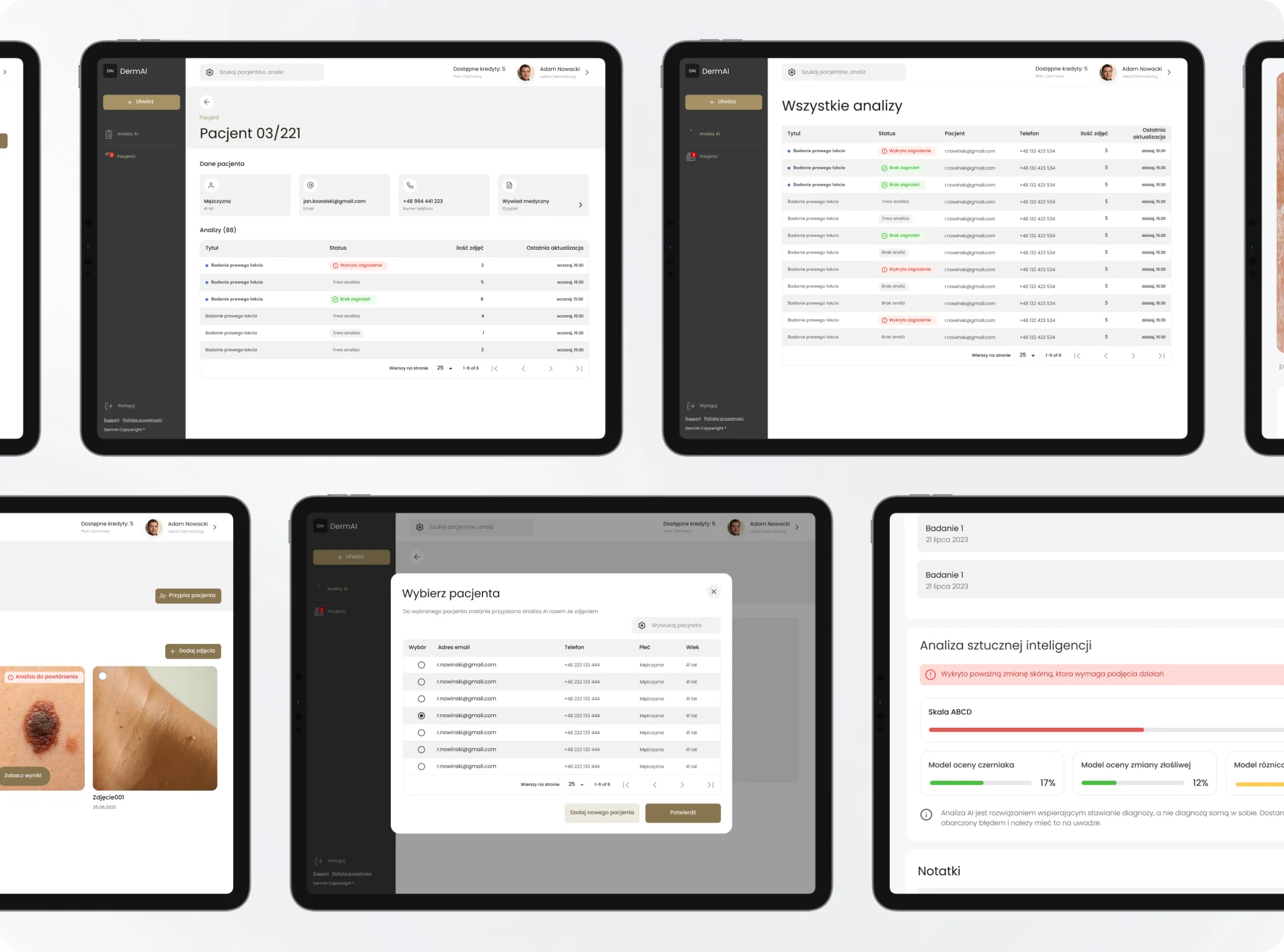 DermAI web panel with patient list and test results