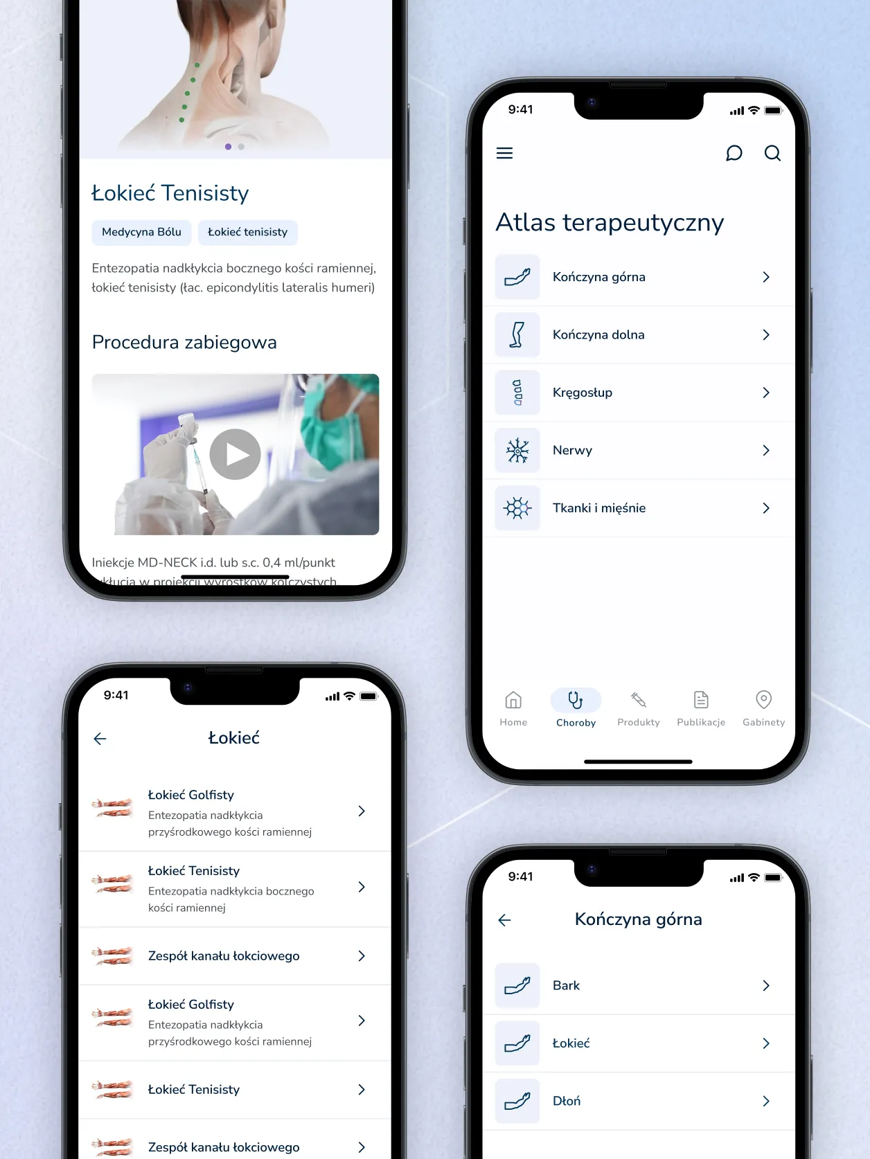 Therapy atlas with a list of body parts in the app