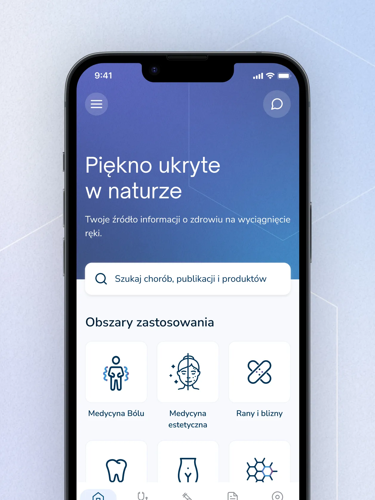 App home screen with search and areas of application