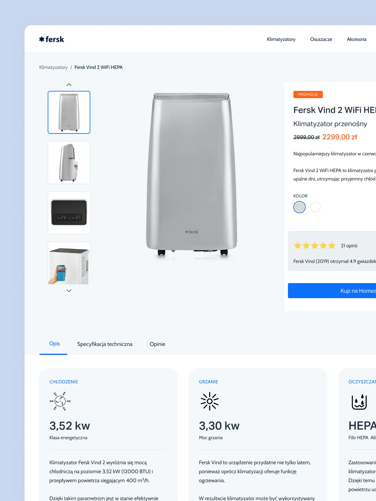 Fersk air conditioner product page with specifications
