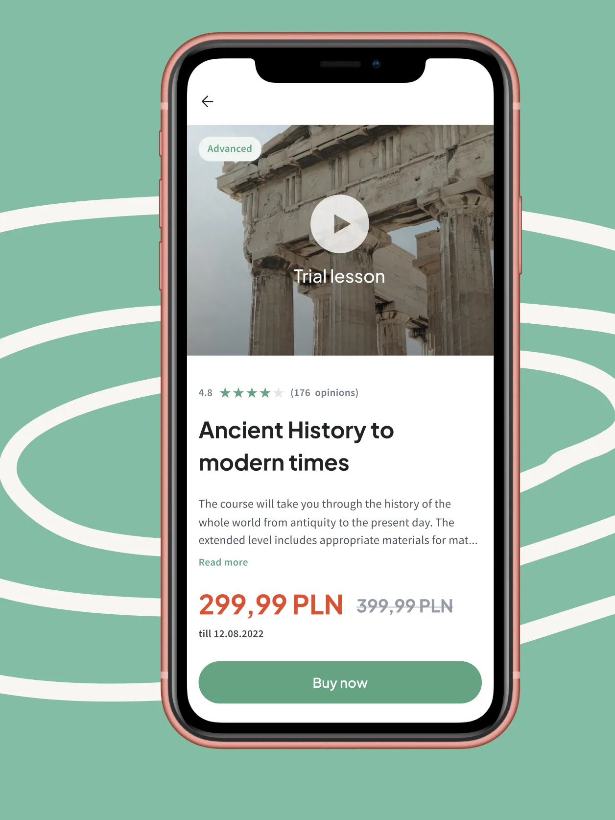 History course screen with price and purchase button