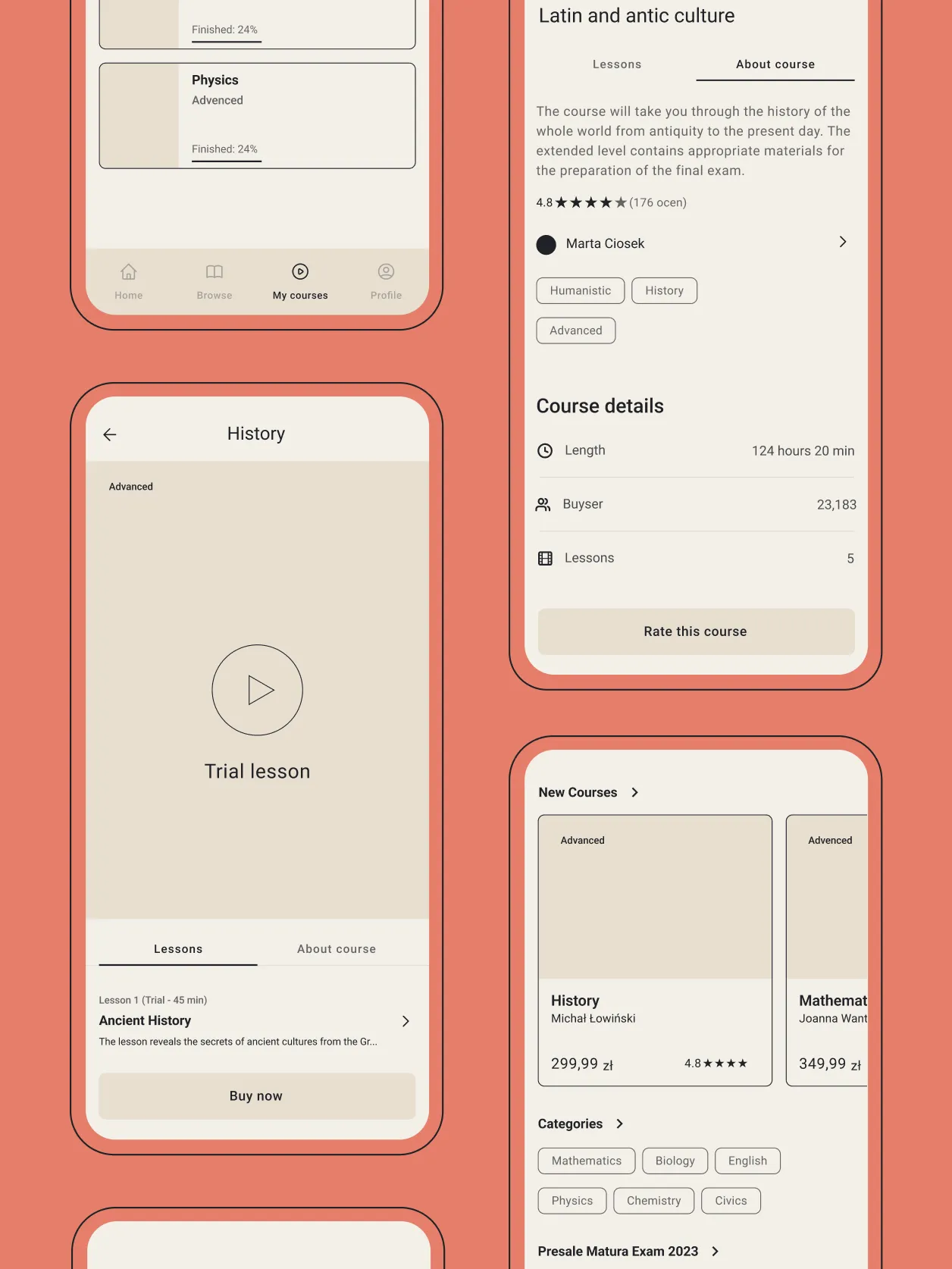 Wireframes of course screens in the exam preparation app