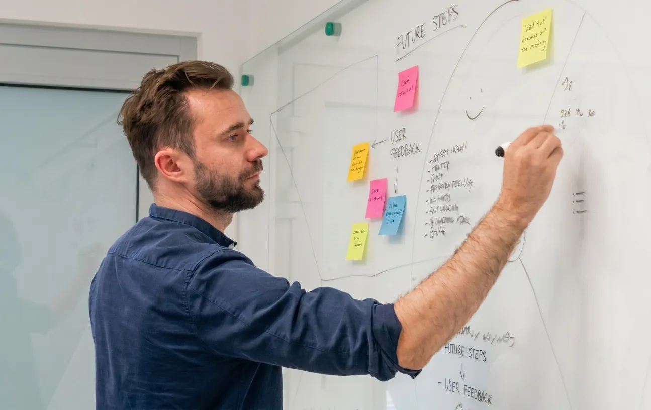 Workshop facilitator writing findings on a whiteboard with sticky notes