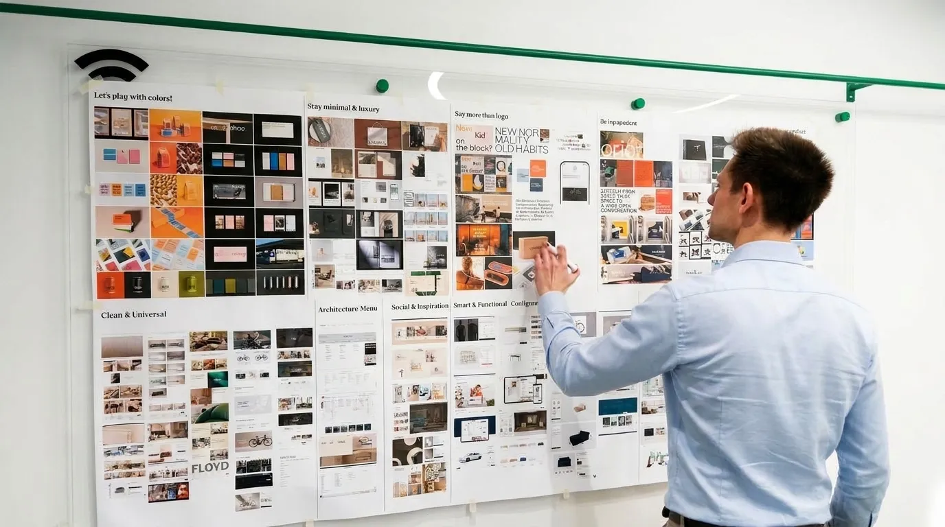 Projektant wybiera kierunki wizualne na ścianie z moodboardami