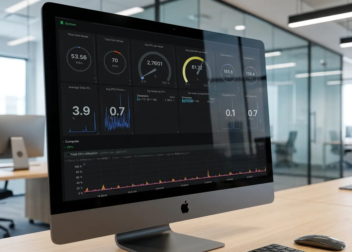 Monitor w biurze z panelem wydajności systemu