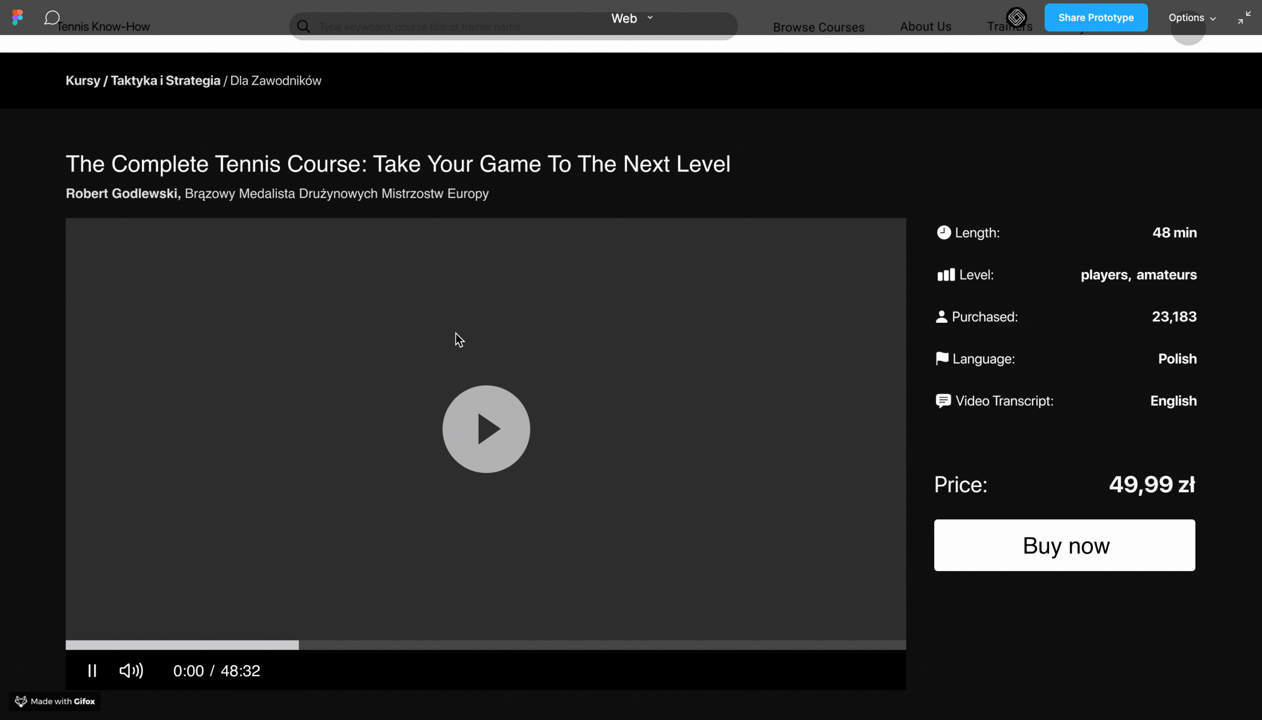 Animation of the clickable lo-fi prototype of the course platform
