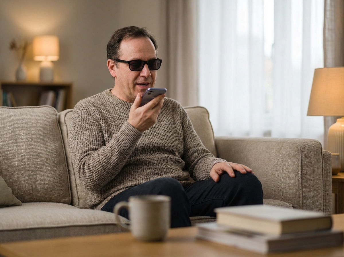 blind guy sitting on coach speaks to phone in fron Squares Agencja UX Wrocław